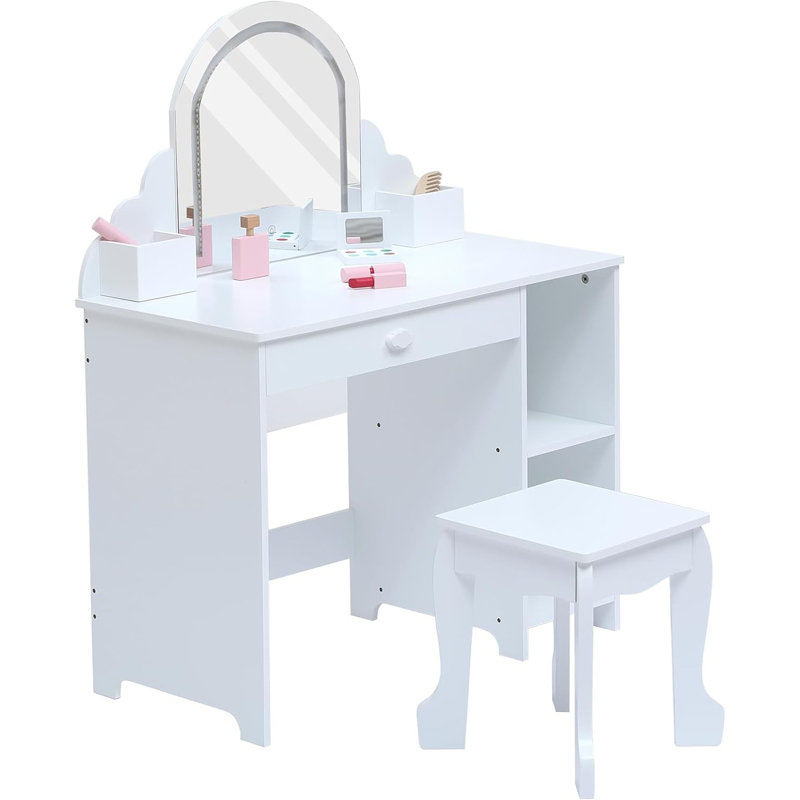 Lighted Mirror & Open Shelves Vanity Desk - Princess Makeup Table with Stool, Drawer & Pretend Toys, Wooden Dressing Table