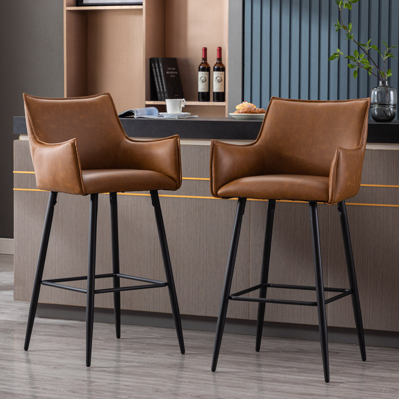 Honorata Brown Leather Upholstered Bar Stools with Metal Frame (Set of 2)
