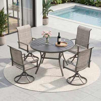 4-Person Round Patio Dining Set With 360°Swivel Padded Textilene Chairs