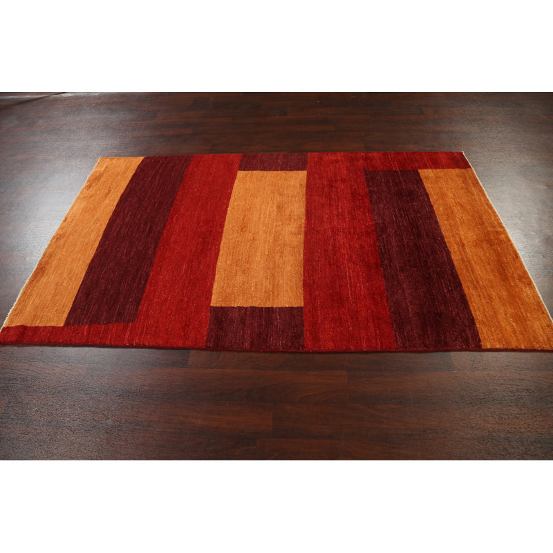 Tapis rouge / orange en laine noué à la main de conception unique 4 pi 7 po x 7 pi 8 po New Age