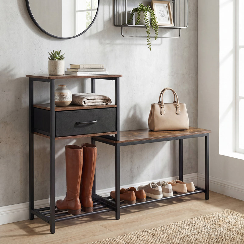 Banc à chaussures à 3 niveaux avec tiroir et structure métallique, banc d'entrée avec rangement