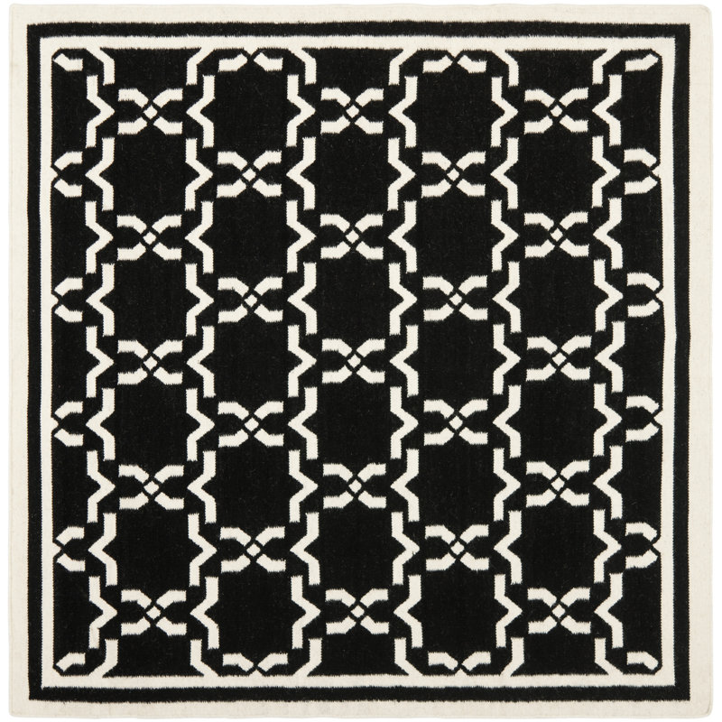 Rodgers Hand Woven Flat Weave Wool/Cotton Geometric Rug in Black/Ivory, Square 6'