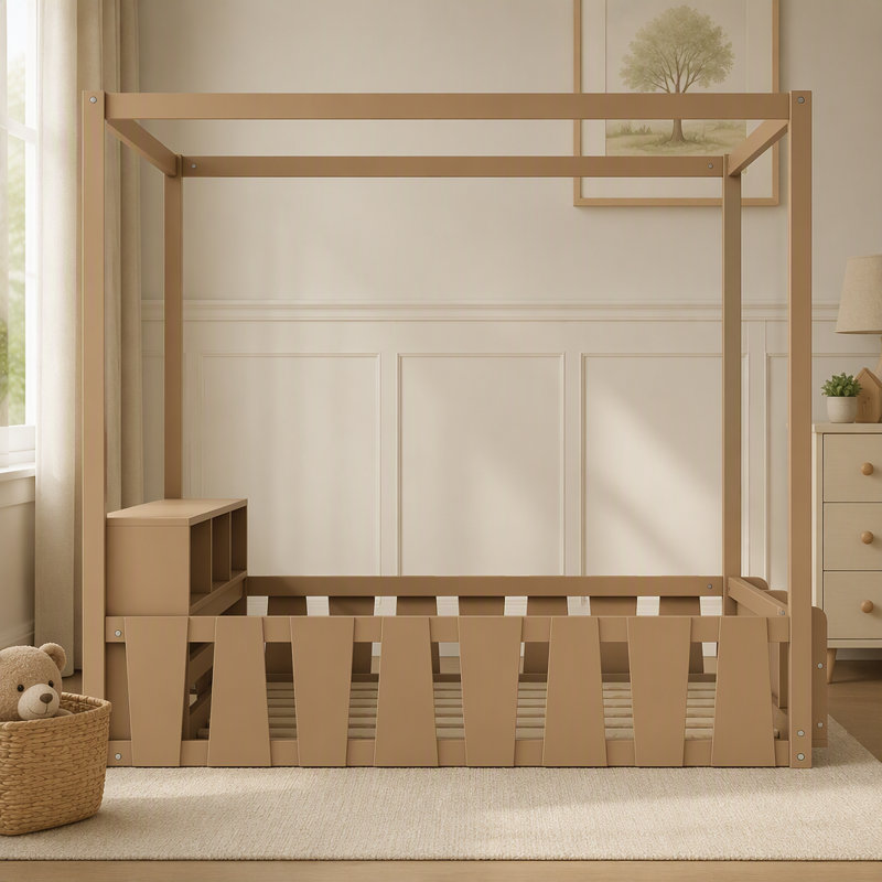 Lit Montessori au sol de taille standard avec barrière et garde-corps, Full / Double, Dark Brown