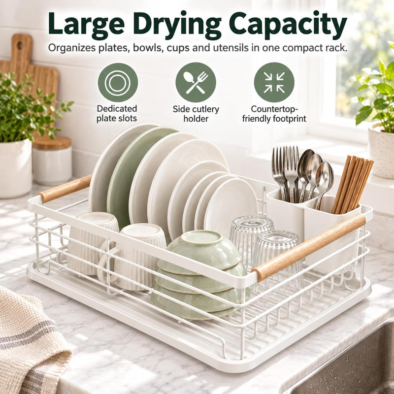 Dish Drainer Rack for Kitchen Counter, Space-Saving Kitchen Organiser