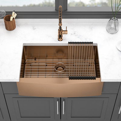 Évier avant à tablier en or rose 30 pouces, acier inoxydable T304 de calibre 16, surface non poreuse, avec grille de séchage et bosses à pinces,