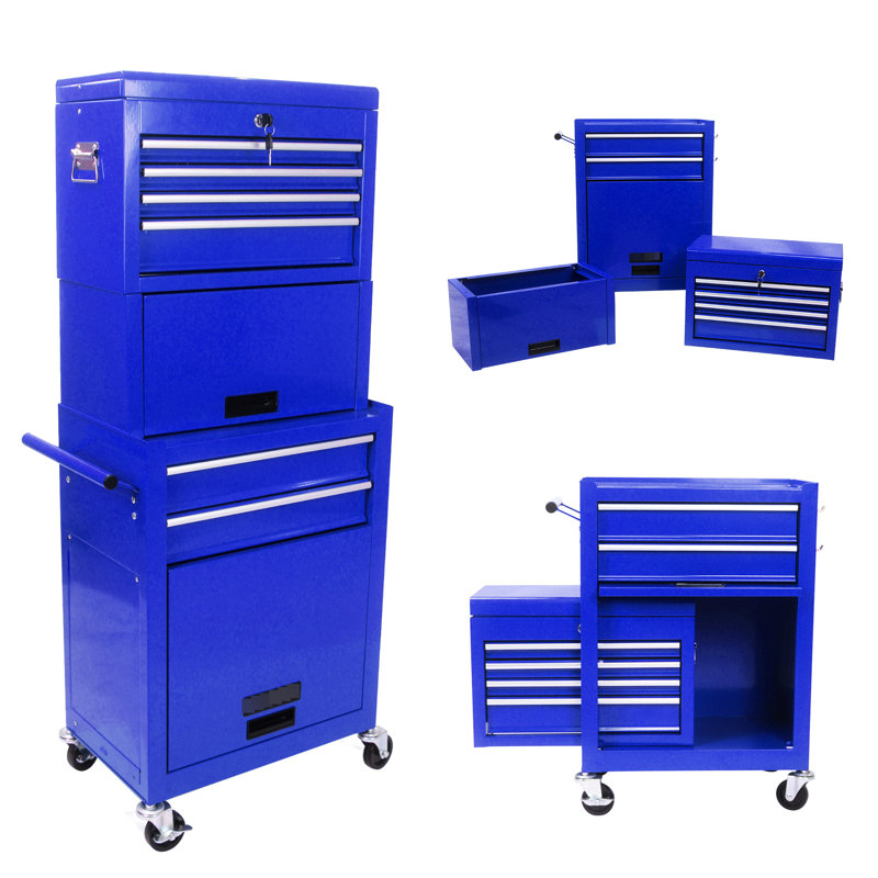 Armoire bleue à 6 boîtes en métal - Détachable avec 4, capacité de charge de 100 kg pour les roues à outils du atelier, réparation