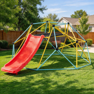 Grimpeur à dôme géométrique de 8 pi avec glissade pour enfants de 3 à 9 ans, gymnase de jungle intérieur et extérieur, capacité de poids de 600 lb, certifié ASTM et CPC, jeu de jardin facile à assembler