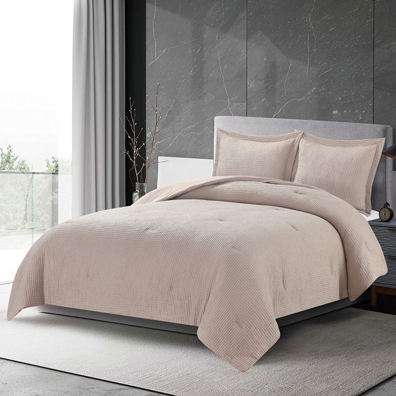 Wilmer Waffle Weave Textured Comforter Set, Full Comforter + 2 Standard Shams, Ivory Cream