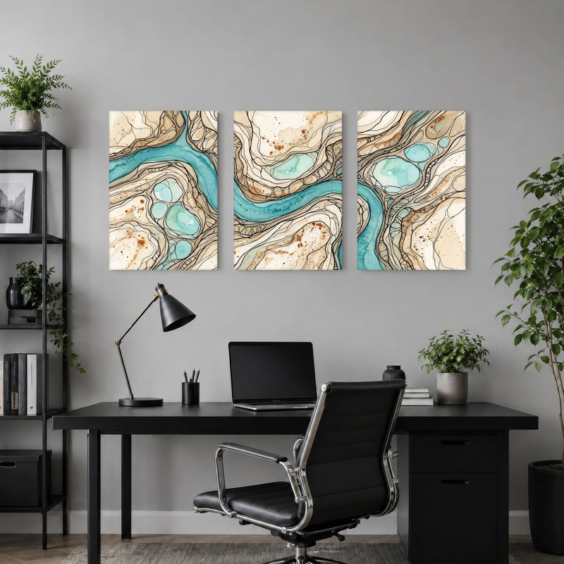 "Turquoise River" qui coule à travers beige et brun, ensemble de 3 toiles, 18"H x 12"W x 3pcs