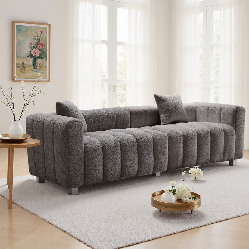 87.4'' 3-Seater Teddy Velvet Sofa, Upholstered Couch With Metal Base Legs & 2 Pillows For Living Room, Bedroom, Gray