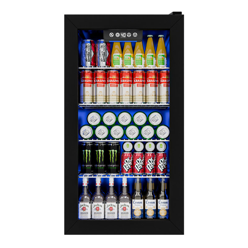 IUDommy 15.4'' W 130 Cans 1.7 Cubic Feet Freestanding/Built-In Wine & Beverage Refrigerator With Glass Door, Black, Black