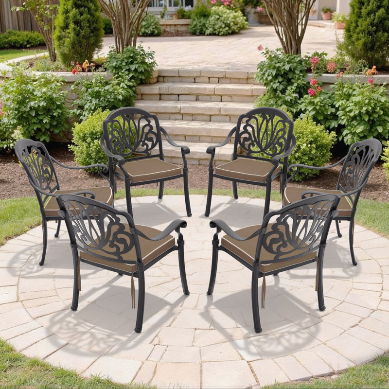 Chaise de patio en aluminium coulé 6 pièces avec cadre noir et coussins bruns, 6