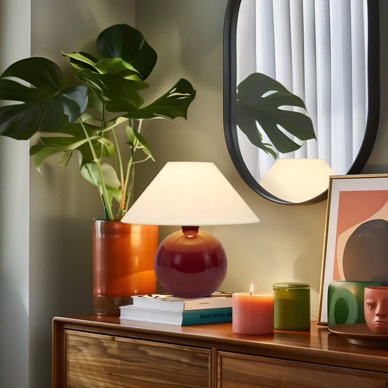 Lampe de table DEL 11 po avec base ronde en céramique rouge Fiona, Rouge