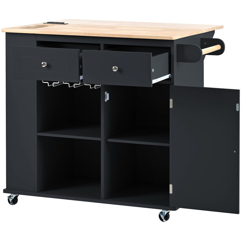 Îlot de cuisine avec prise de courant, îlot de rangement avec abattant et bois d'hévéa, rangement ouvert et support à vin, 5 roulettes, avec rangement réglable pour la maison, la cuisine et la salle à manger