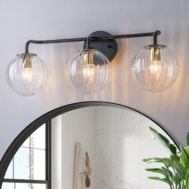3 - Light Dimmable Vanity Light With Sphere Globe Ribbed Glass, Matte Black
