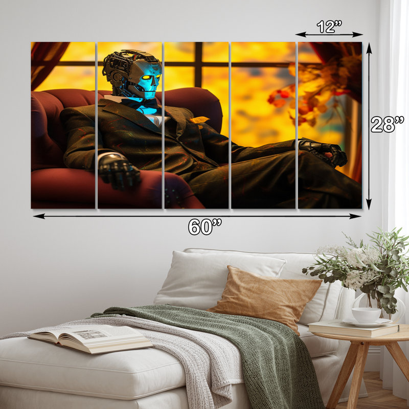 Stylish Humanoid Android Sitting On Couch II - Robot, reproduction d'art sur toile - 5 panneaux égaux