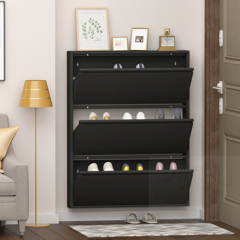 Armoire à chaussures murale avec 3 tiroirs rabattables, Noir, 48.35"H x  29.92"W x  6.5"D
