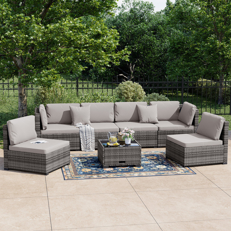 Ensemble de conversation de patio 7 pièces - Canapé modulaire d'extérieur en rotin PE avec coussins et table basse en verre
