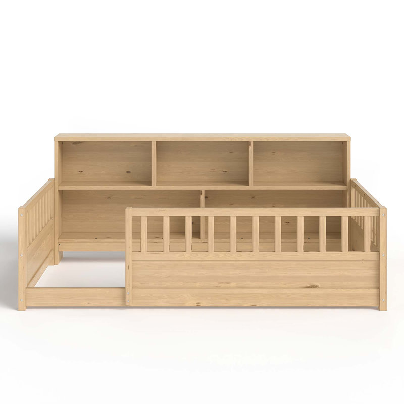 Wooden Floor Bed with A Fence-Style Guardrail,Featuring a Side Storage Decorative Function, Twin, Natural