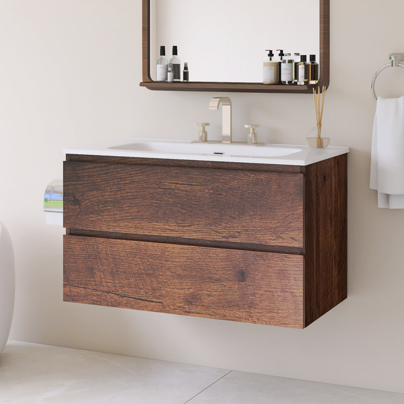 Meuble-lavabo mural simple avec comptoir intégré en céramique blanche, Noyer, 36"