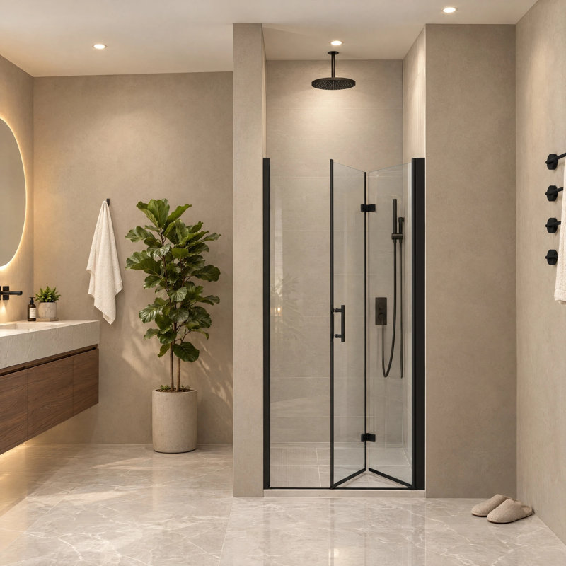 Porte de douche pliante sans cadre 36-37 po x H 72 po avec verre certifié Sgcc, Noir mat