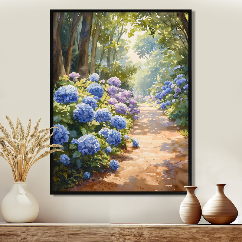 Hydrangeas in the Garden Path II - Hydrangea Wall Art for Living Room, H 32 po x l 16 po, Impression encadrée flottante, Noir