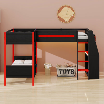 Lit superposé en L avec lit mezzanine, bureau intégré, tablettes et DEL