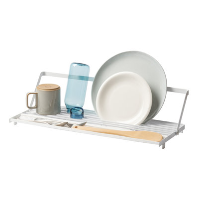 Yamazaki Home Tower Collapsible Over-The-Sink Dish Drying Rack, Slim Space-Saving Dish Rack With Movable Bars And Removable Silicone Tray For Plates, Cutting Boards And Cutlery - Steel -
