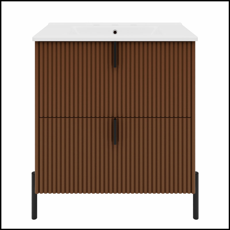 Meuble-lavabo autoportant de 30 pouces avec lavabo en céramique, tiroirs à fermeture en douceur et conception cannelée pour salles de bain modernes et rétro