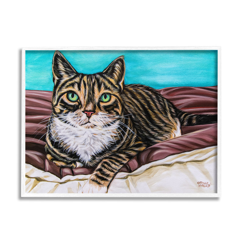 Adorable couverture de chat tigré aux yeux verts par Carolee Vitaletti - Peinture, H 16 po x l 20 po x P 1,5 po