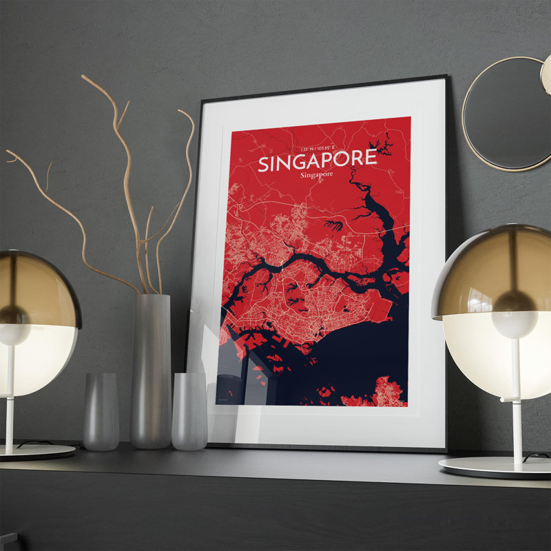 Carte de la ville de Singapour, impression, H 17 po x l 11 po, Rouge / Bleu marine