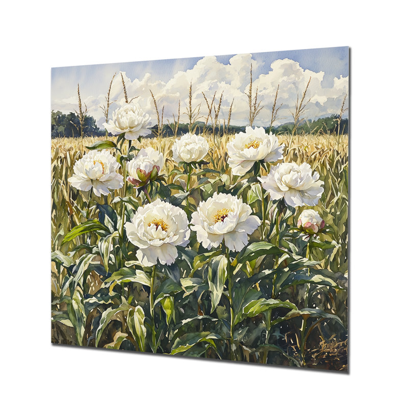 Été pivoines dans le champ de maïs III - reproduction d'art traditionnelle en métal, pivoines, décoration murale en métal