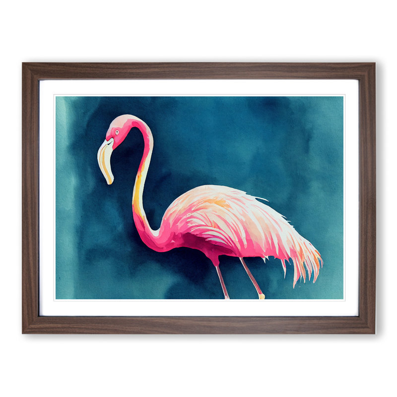Flamingo In Watercolour - Single Picture Frame Painting, 34cm H x 46cm W x 2cm D, Walnut Framed