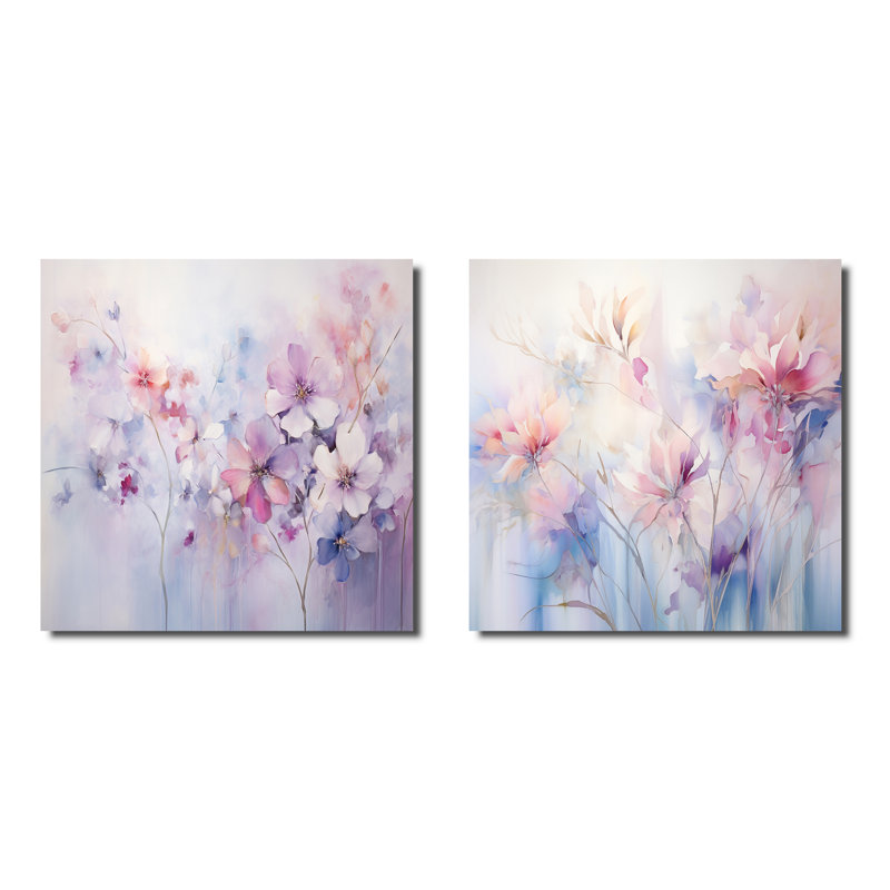 Fleurs mauves et éthérées - Ensemble de collages carrés botaniques abstraits, H 30 po x l 61 po, Toile tendue