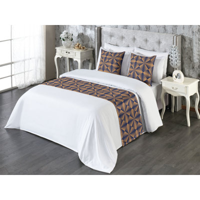 Ambesonne Abstract Bed Runner Set Triangles Stripes Lines Indigo and Almond