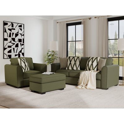 Marvella 4-Piece Living Room Set, Sofa, Loveseat, Chair, and Ottoman with Mosswood Chenille Upholstery