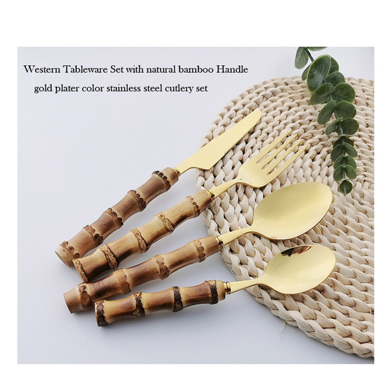 Ensemble de couverts bambou en acier inoxydable 4 pièces / 16 pièces coutellerie à la main couteaux occidentaux cuillères fourchettes