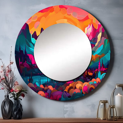 Peytan Vibrant Sunset Shining Over Mountains III - Mountains Decorative Mirror, Orange Wall Mirror, Printed Metal Art