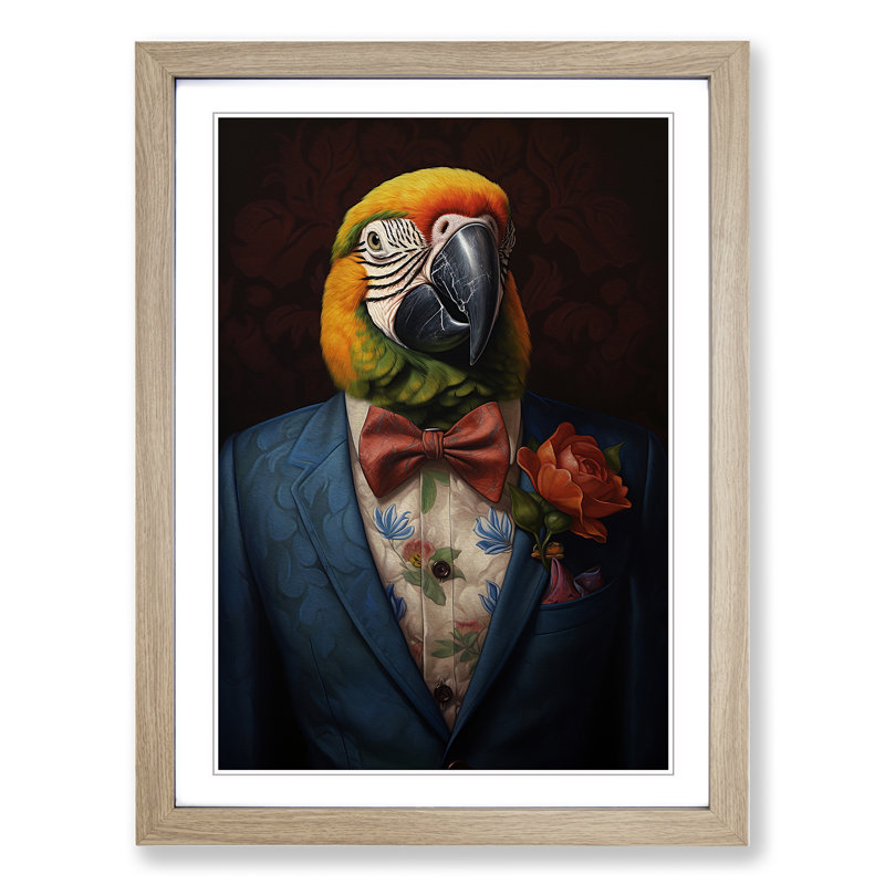 Parrot In A Suit Painting No.2 - Single Picture Frame Print on Wood, 64cm H x 46cm W x 2cm D, Oak Framed