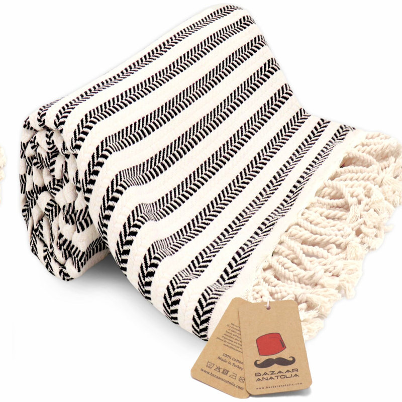 QuickDry Boho Cotton Beach Towel - Oversized, Sand-Free, Farmhouse Decor, Camping Blanket, 71x39 inches, Black