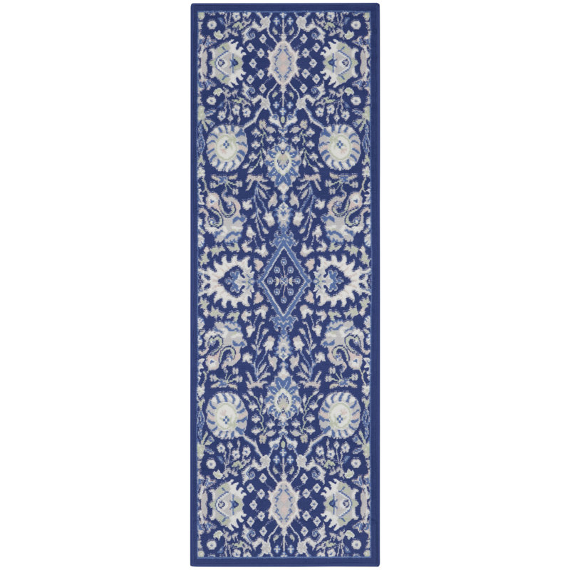 Tapis oriental bleu marine en polypropylène tissé à la machine, Tapis de couloir 2 pi x 6 pi