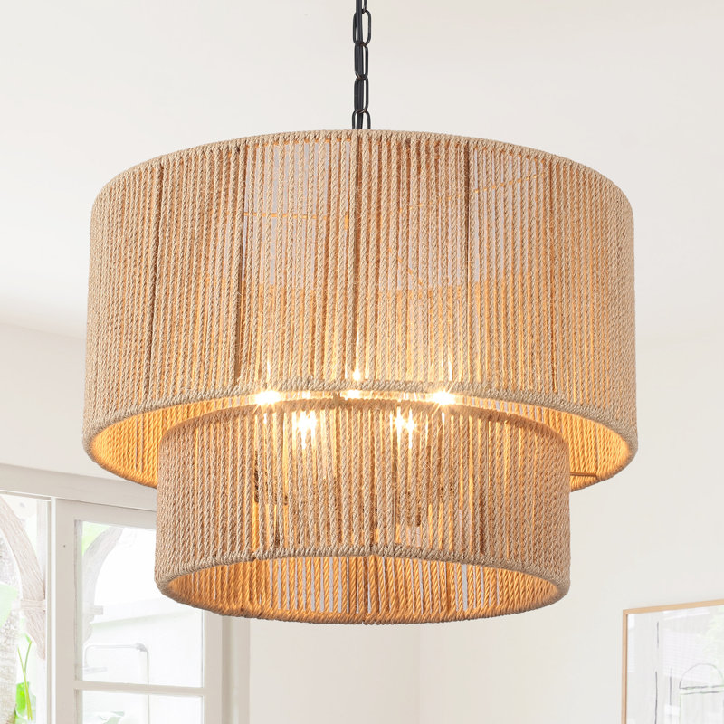 Lustre à 5 lumières à gradins cylindriques avec abat-jour en corde tissée pour la salle à manger et le salon, Noir