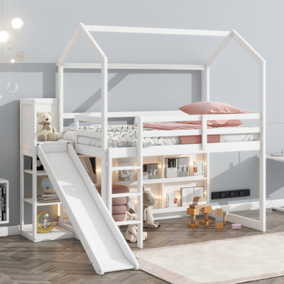 Catina Wood House Loft Bed with Slide, Storage Shelves & Light