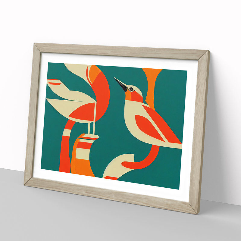 Kingfisher Bird Deco Abstract - Framed Print, 25cm H x 34cm W x 2cm D, Oak