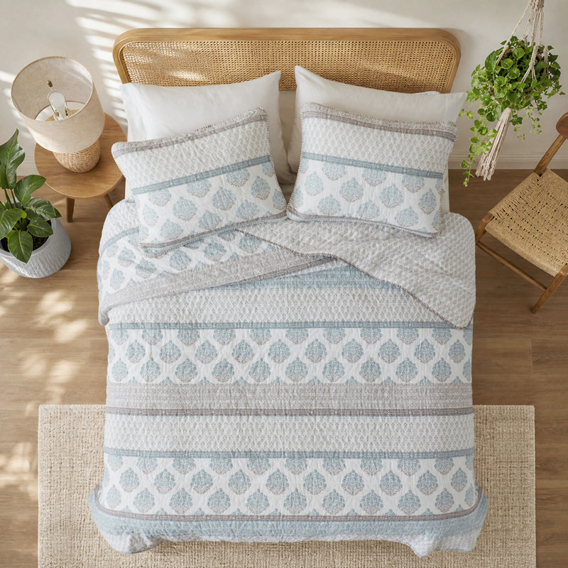 Ensemble de courtepointe matelassée 3 pièces en coton toutes saisons, format Aqua King/Cal King, Blue