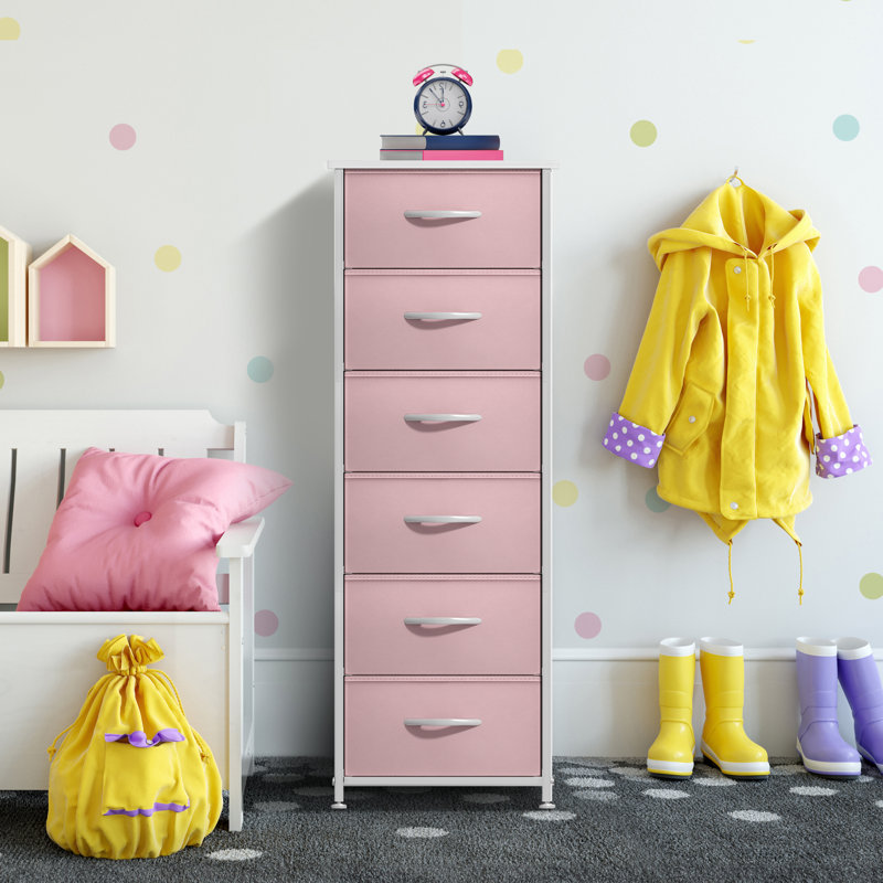 Sorbus 6 Drawers Tall Dresser with Steel Frame, Wood Top & Easy Pull Foldable Fabric Bins, Pink, Pink