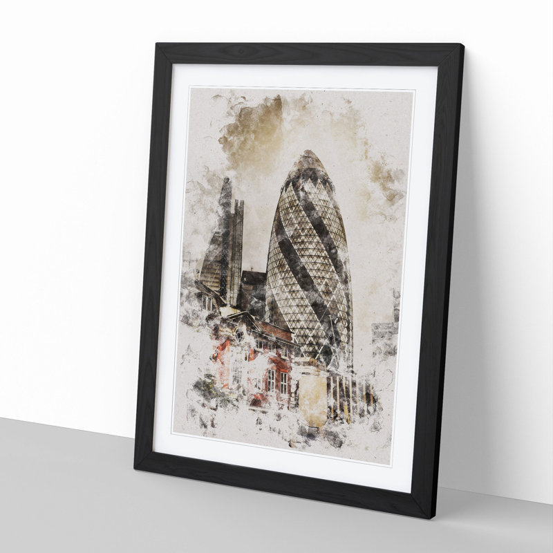 The Gherkin in London Watercolour - Picture Frame Graphic Art, 48cm H x 36cm W x 2cm D, Black Framed