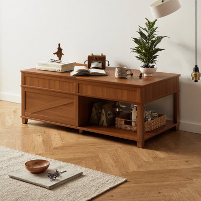 47" Lift-Top Coffee Table with Hidden Compartment & Open Shelf, Adjustable Height Desk for Living Room, Farmhouse Wood Center Table with Storage Drawer, Multi-Functional Workstation