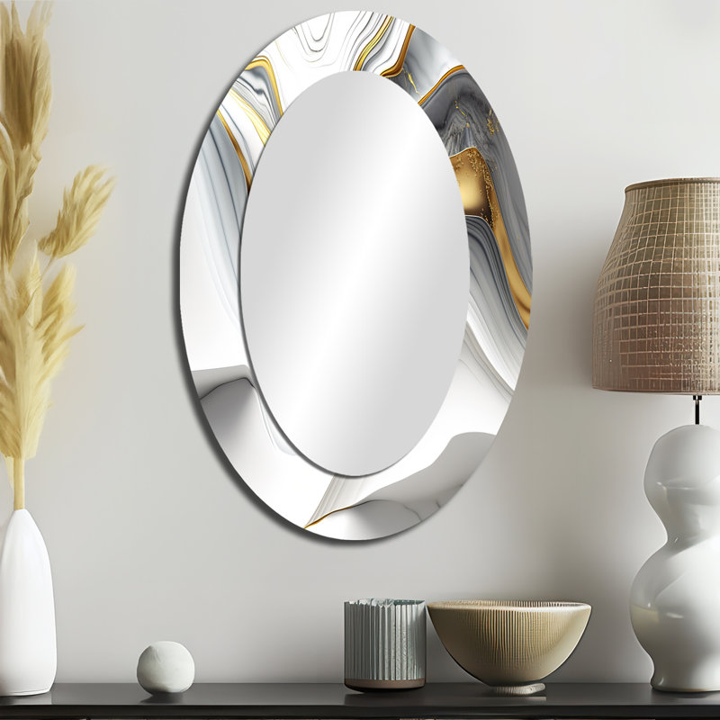Abstrait Geode Waves Gray V - grand miroir mural ovale sur métal, 36 po x 24 po