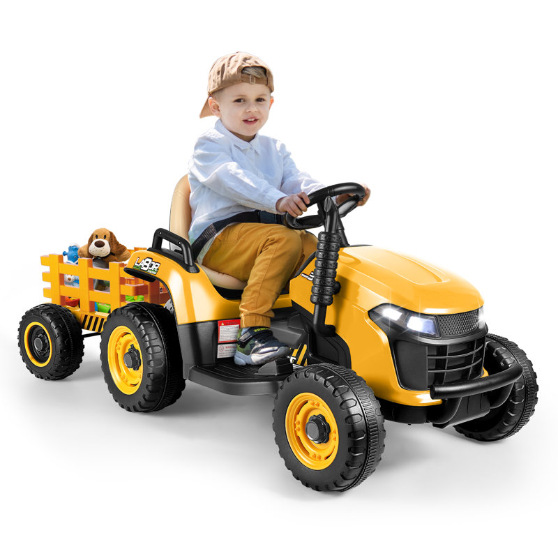 Yellow 12V Ride-On Tractor with Trailer and LED Lights